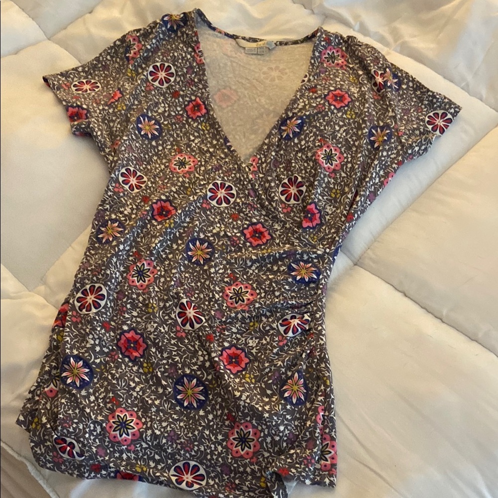 Boden Red and Blue Short Sleeve Wrap Blouse